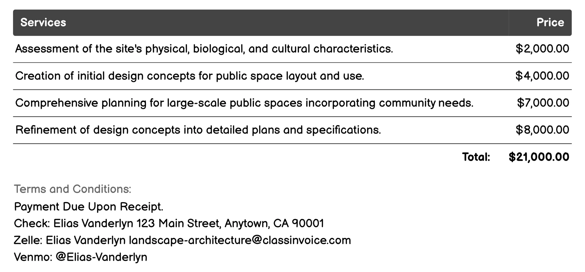 Public Space Design Invoice Example