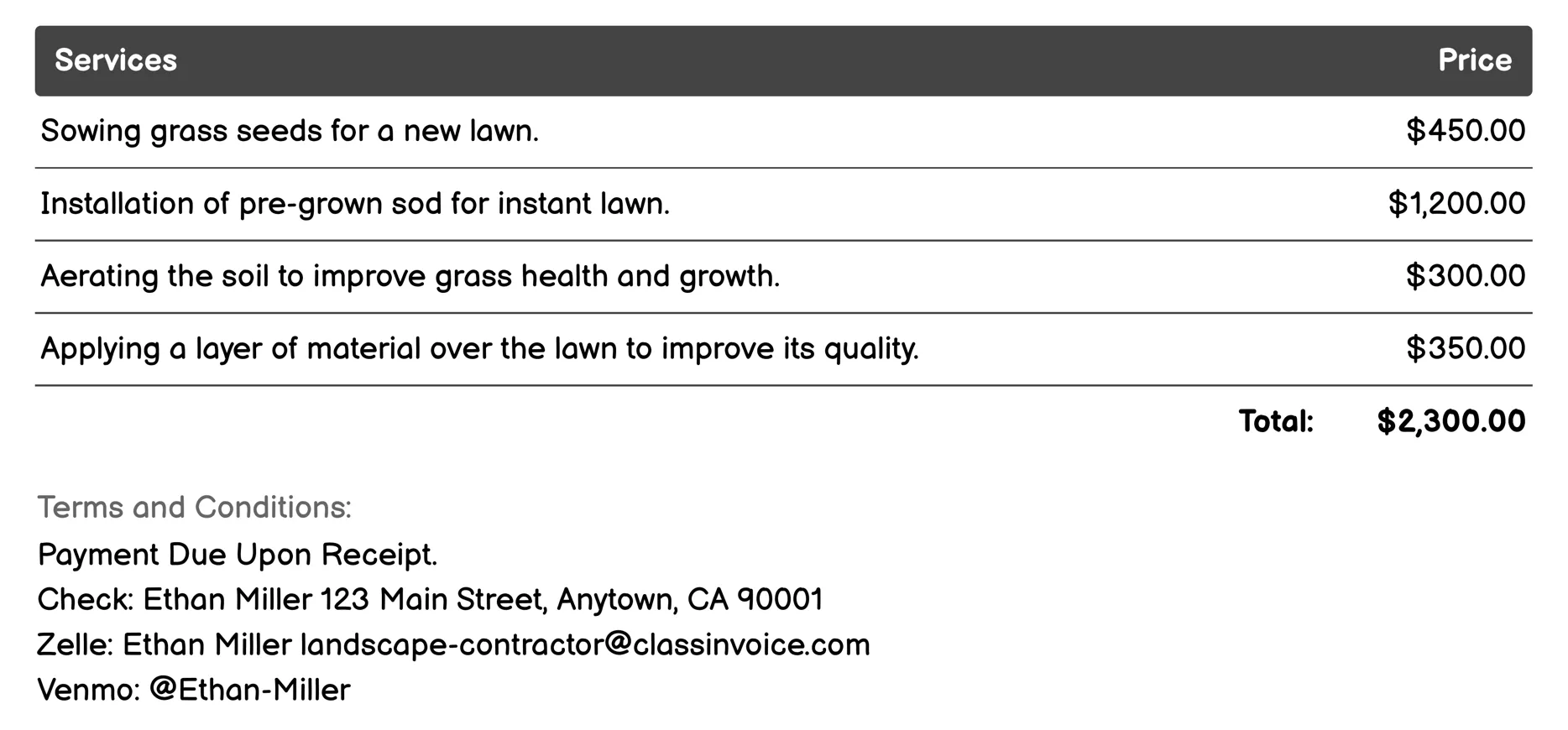 Lawn Installation Invoice Example