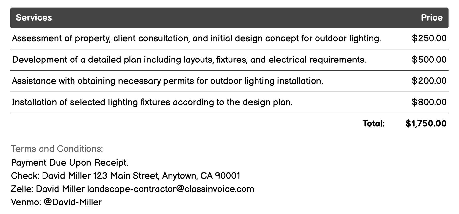Outdoor Lighting Design Invoice Example