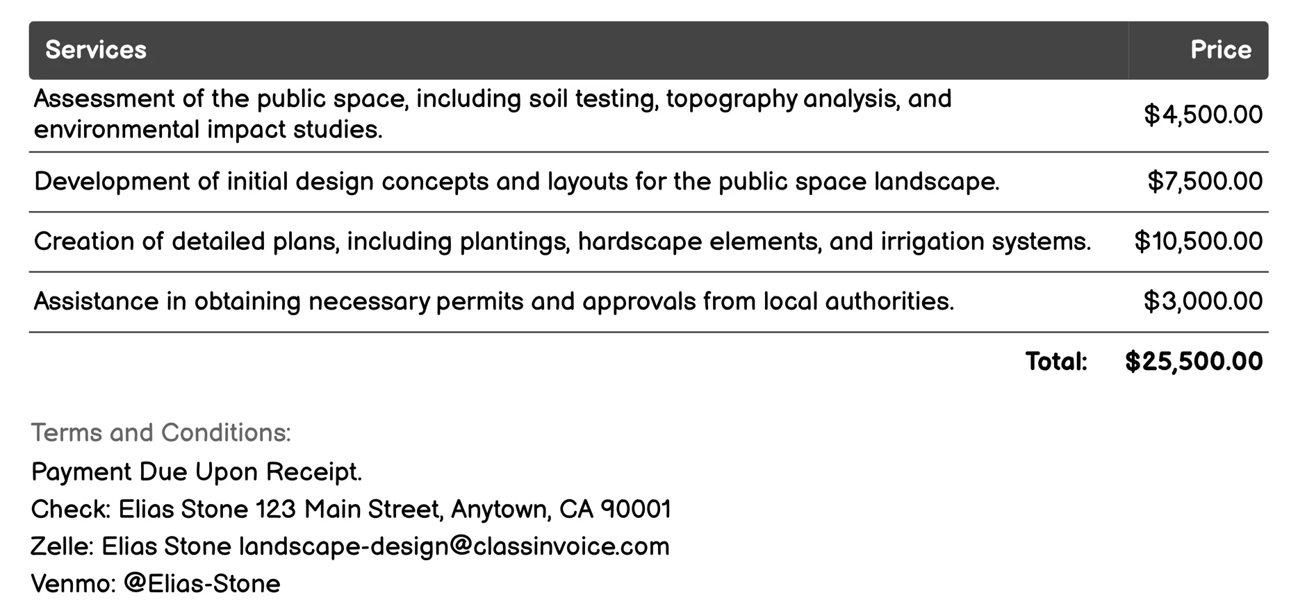 Public Space Landscape Design Invoice Example