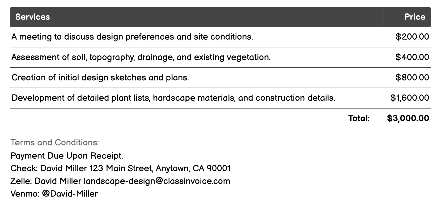 Residential Landscape Design Invoice Example