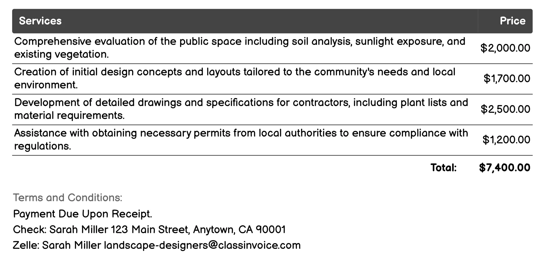 Public Space Landscaping Invoice Example