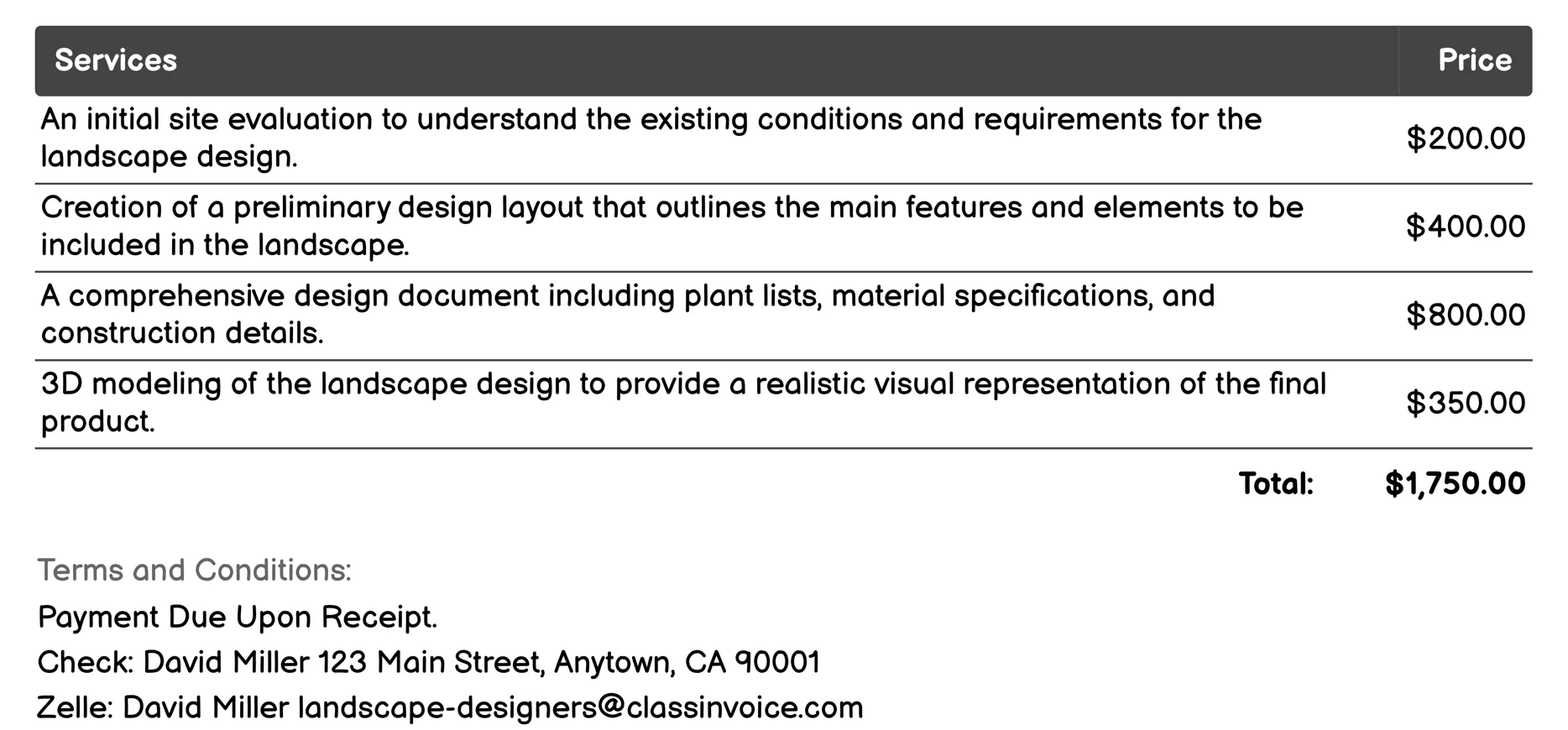 Residential Landscape Design Invoice Example