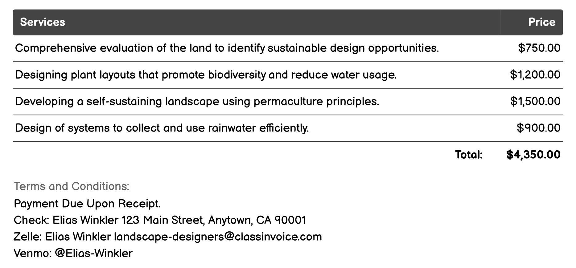 Sustainable Landscape Design Invoice Example