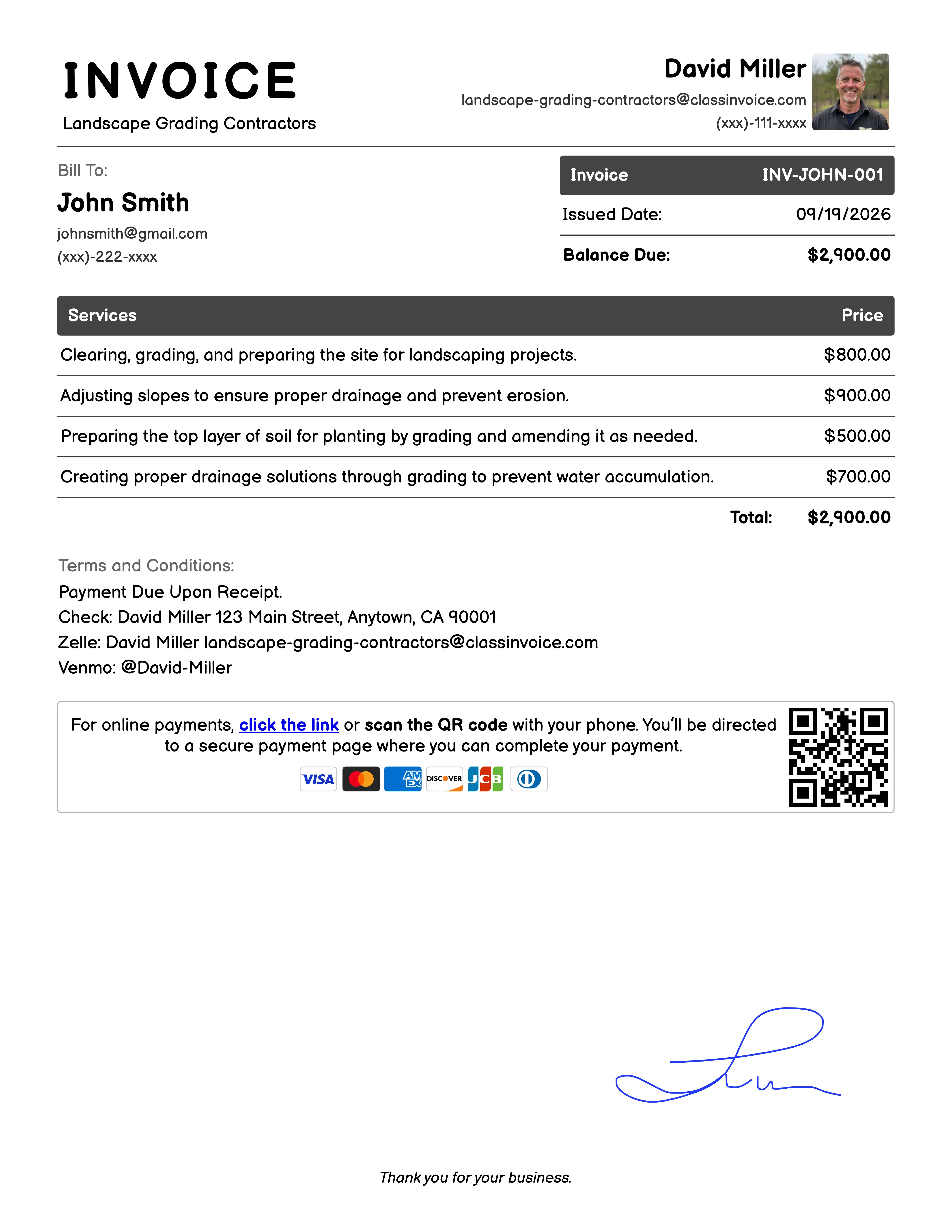 Landscape Grading Contractors Invoice Example