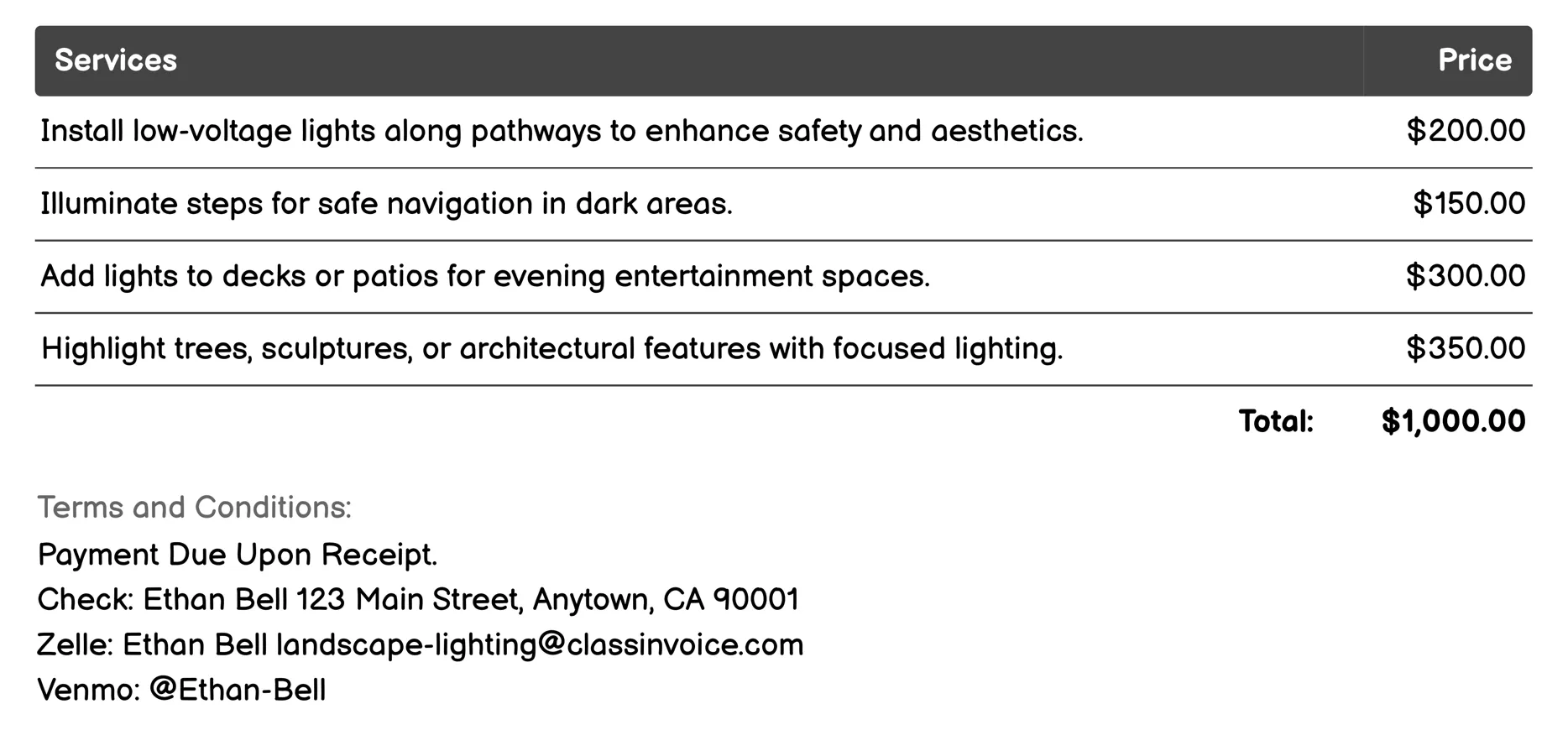 Garden Lighting Invoice Example
