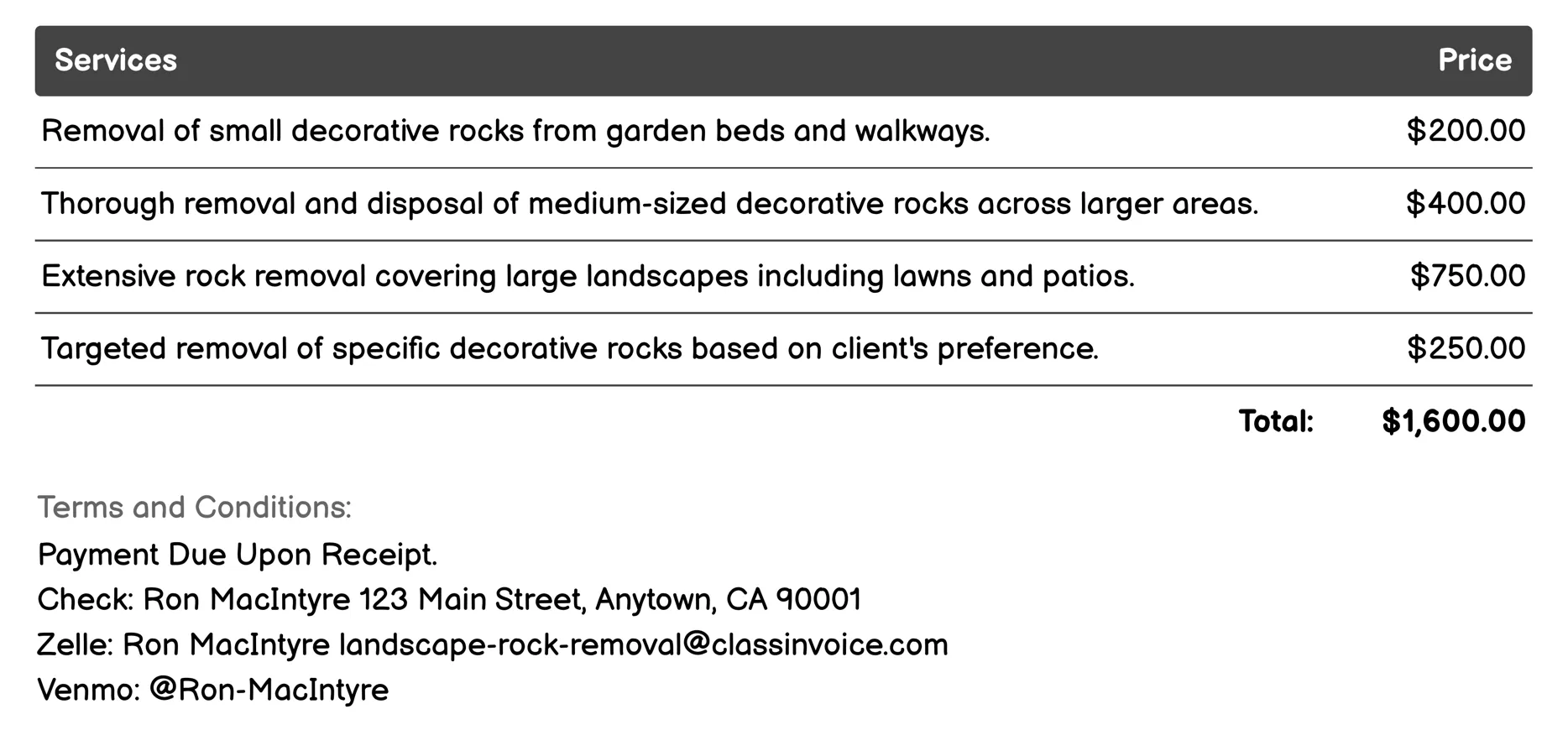 Decorative Rock Cleanup Invoice Example