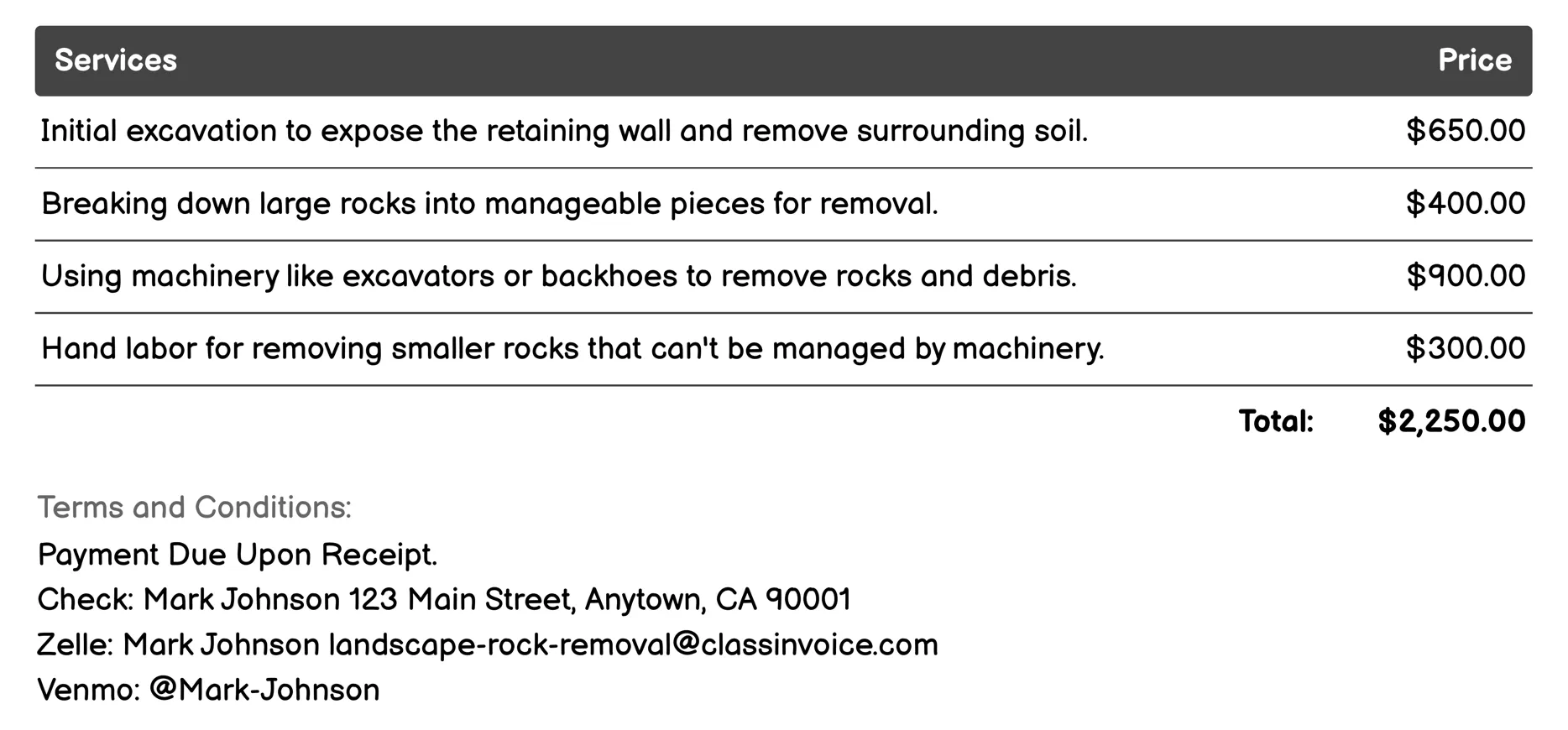 Retaining Wall Support Removal Invoice Example