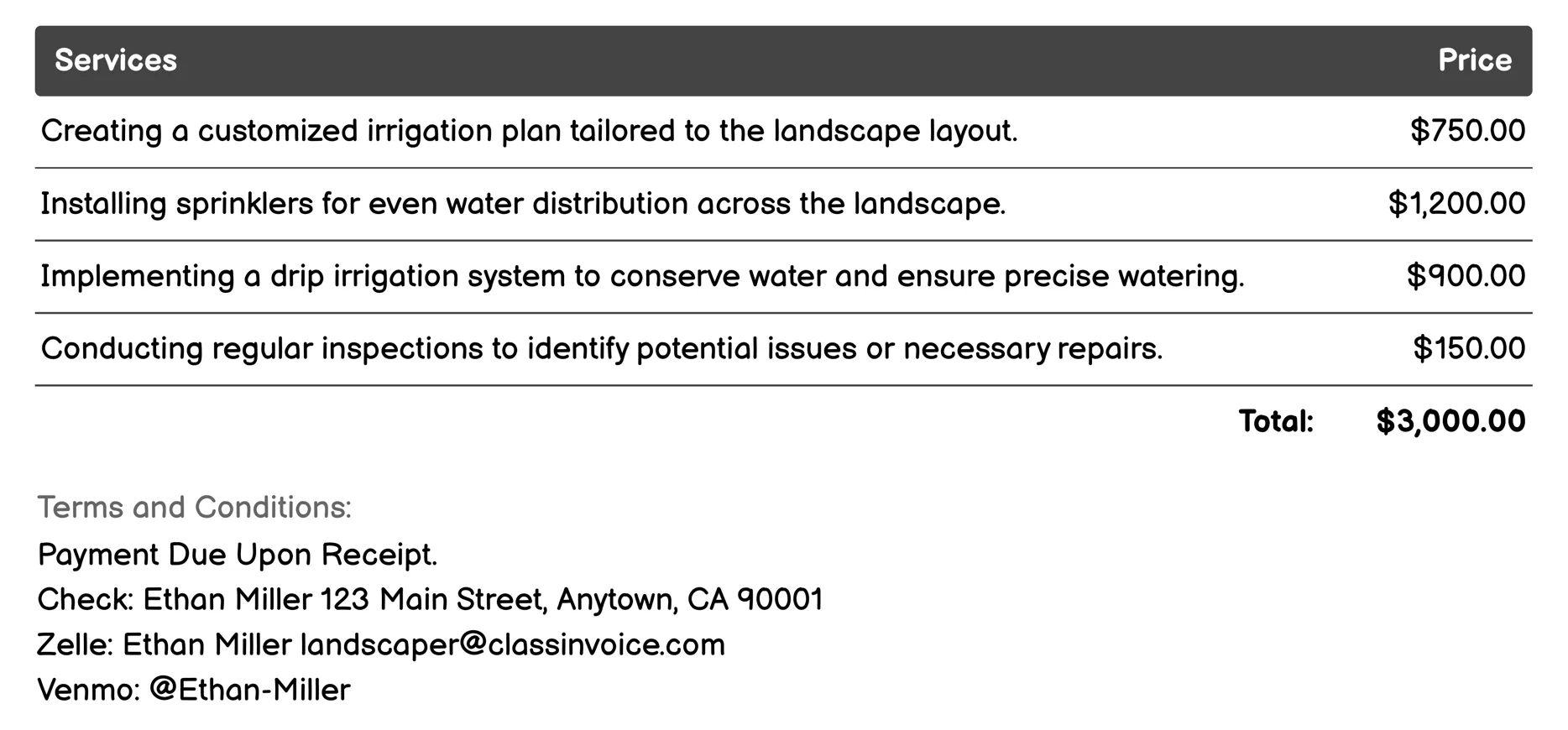Irrigation System Installation & Maintenance Invoice Example