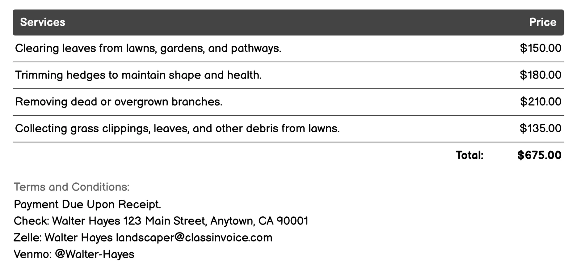 Seasonal Cleanup Services Invoice Example