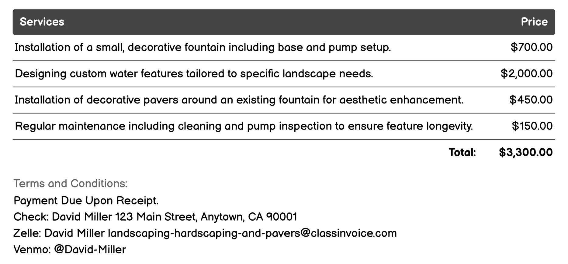 Fountains and Water Features Invoice Example