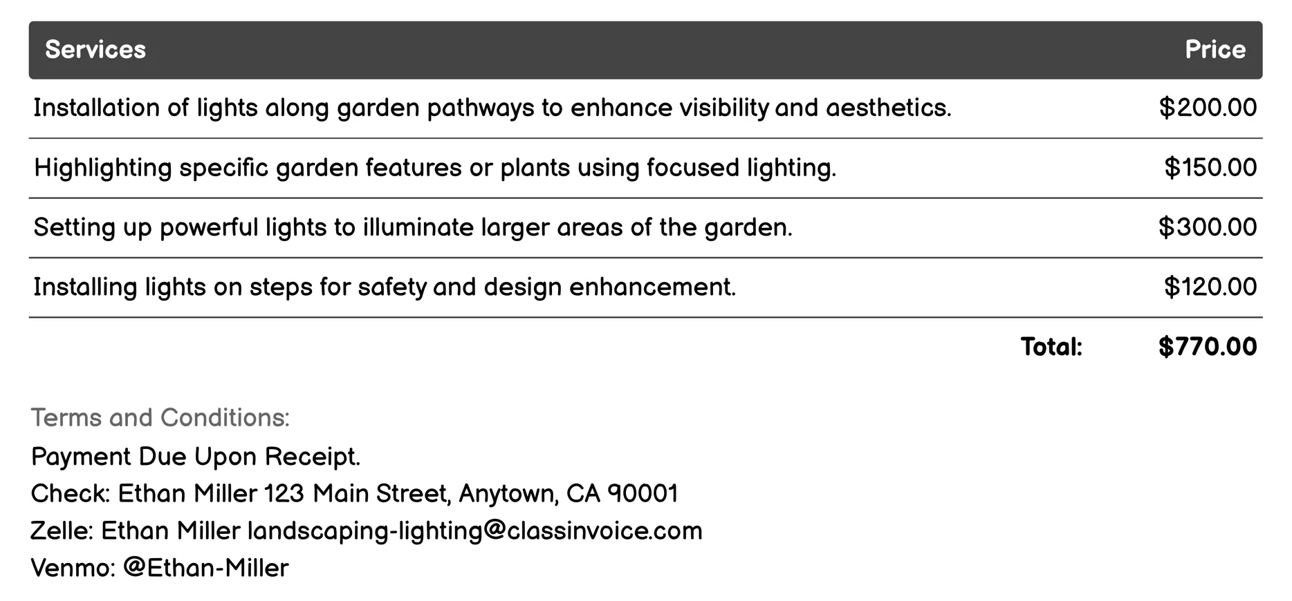 Garden Lighting Invoice Example