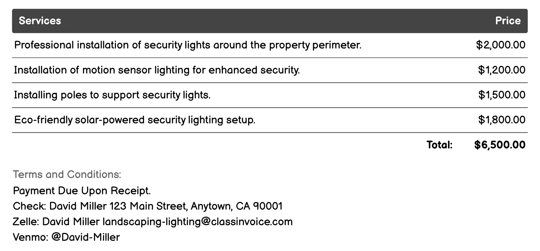 Security Lighting Invoice Example