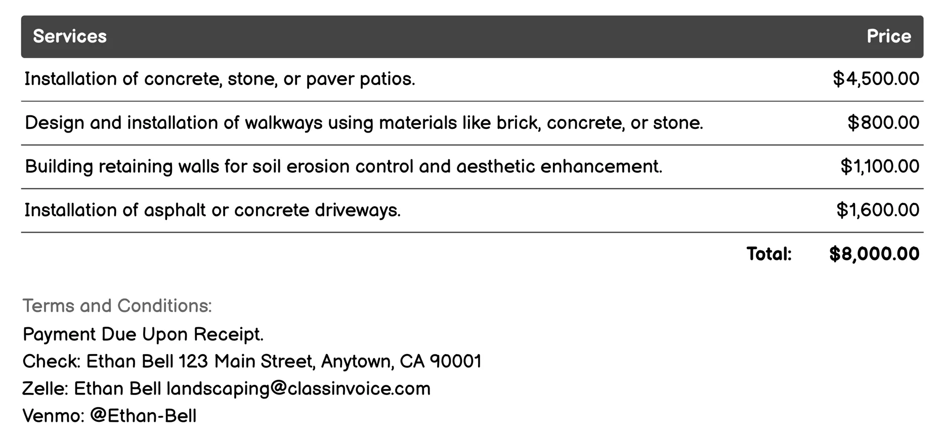 Hardscaping Invoice Example