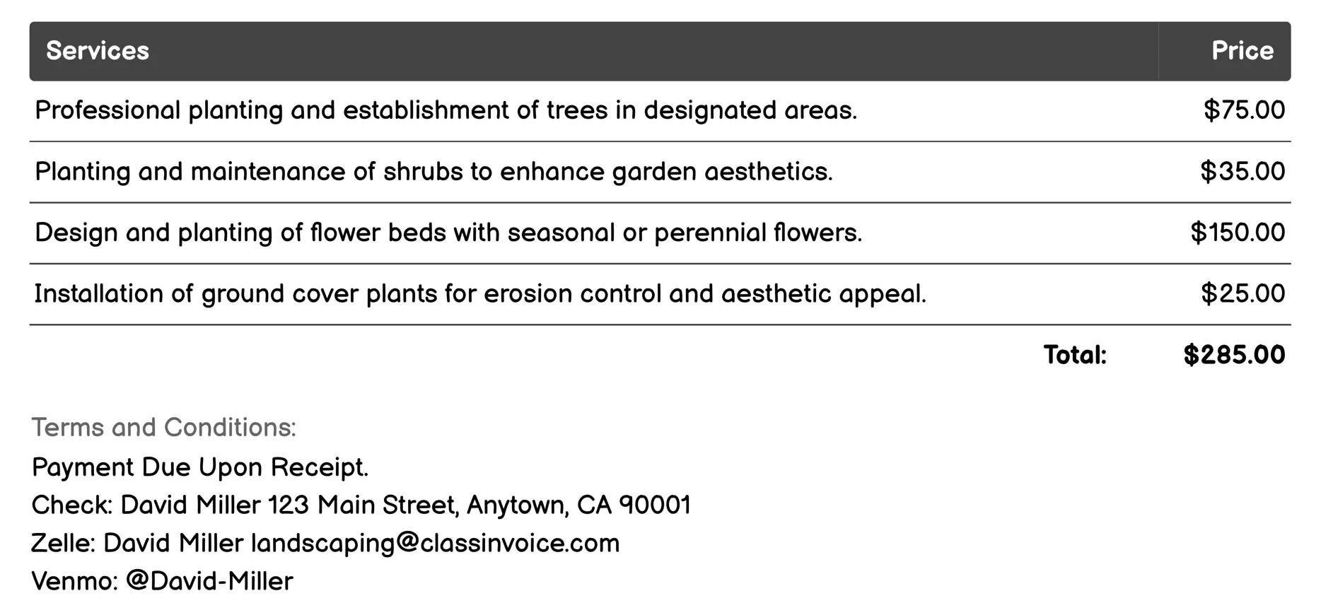 Planting Services Invoice Example