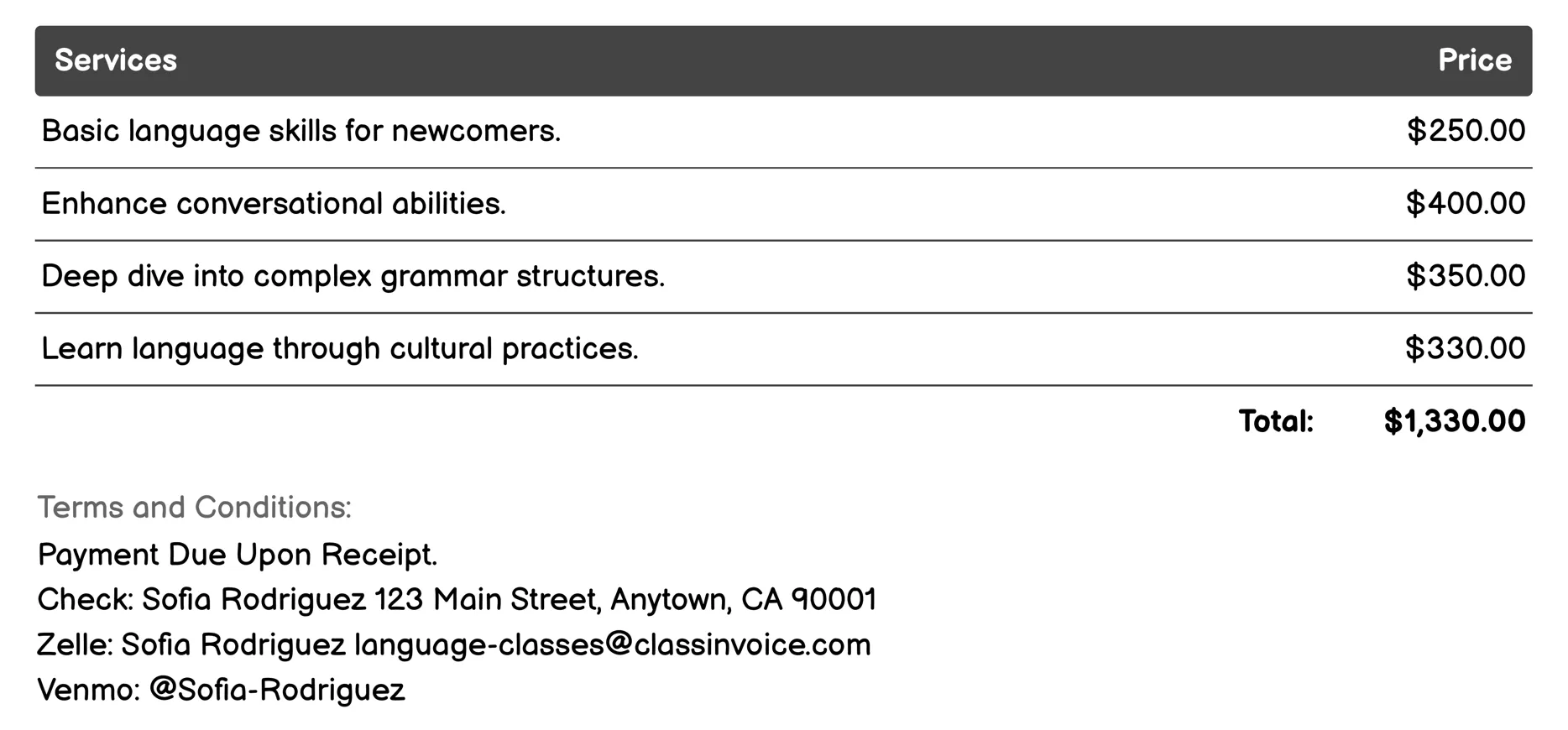 Cultural Immersion Classes Invoice Example