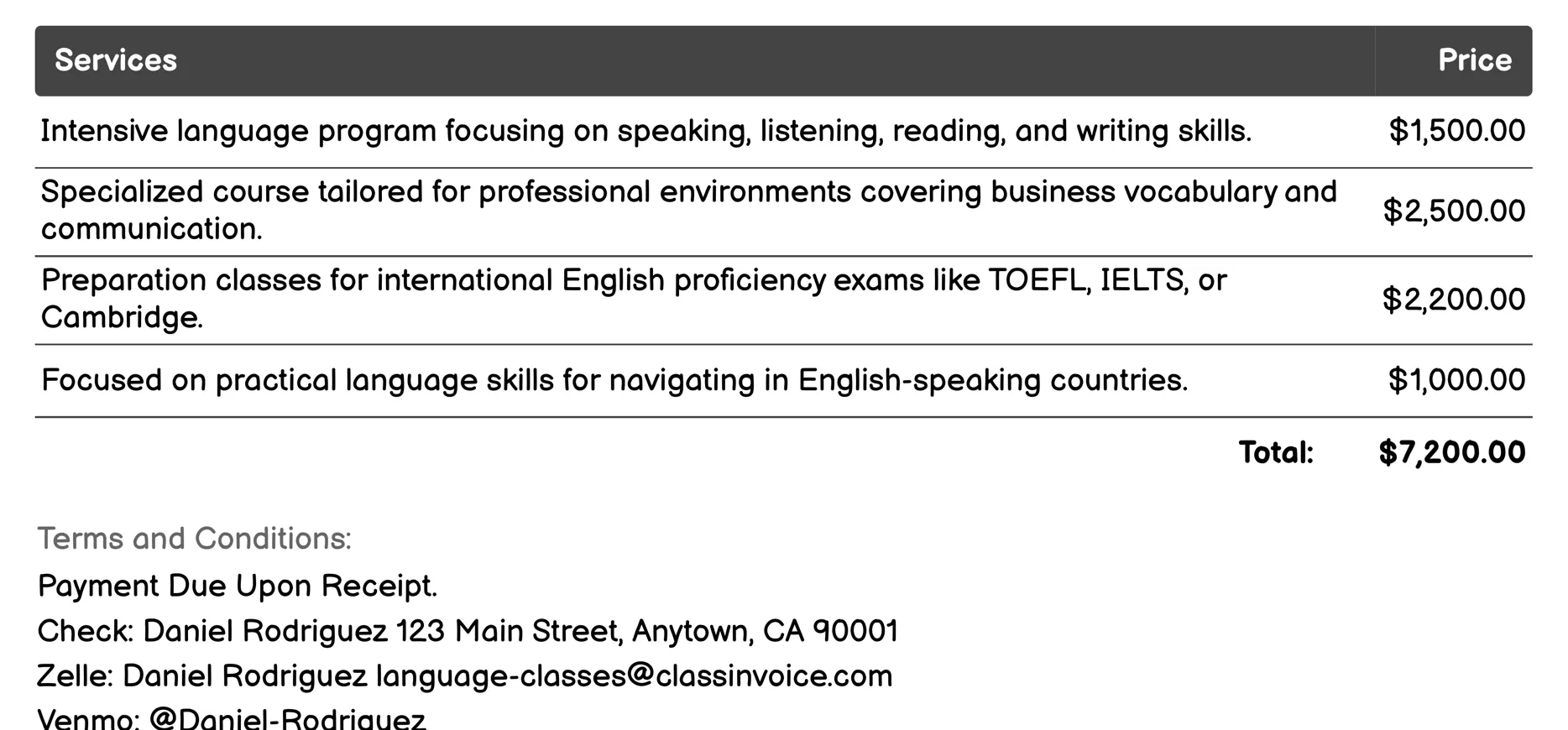 Intensive Language Programs Invoice Example