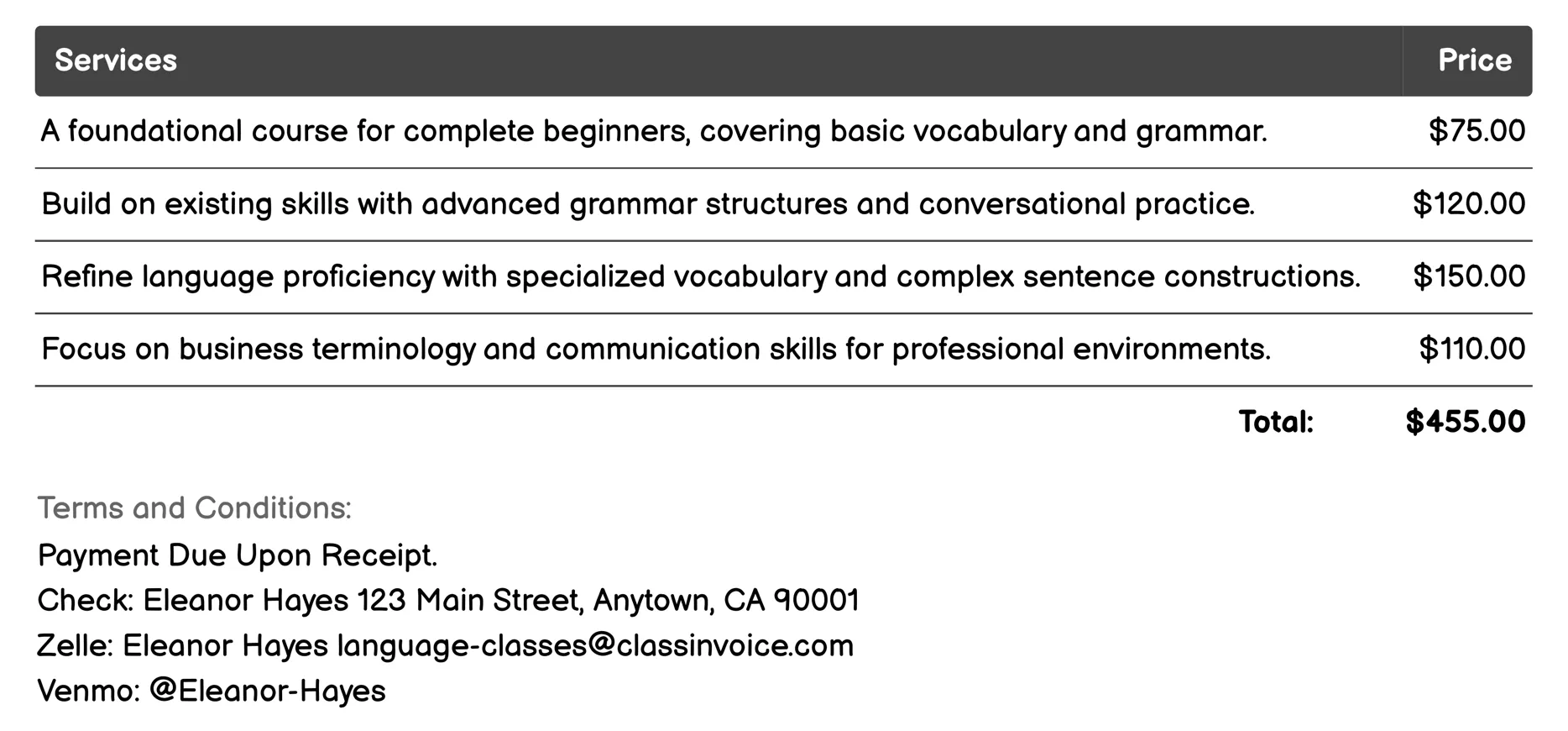 Online Language Courses Invoice Example