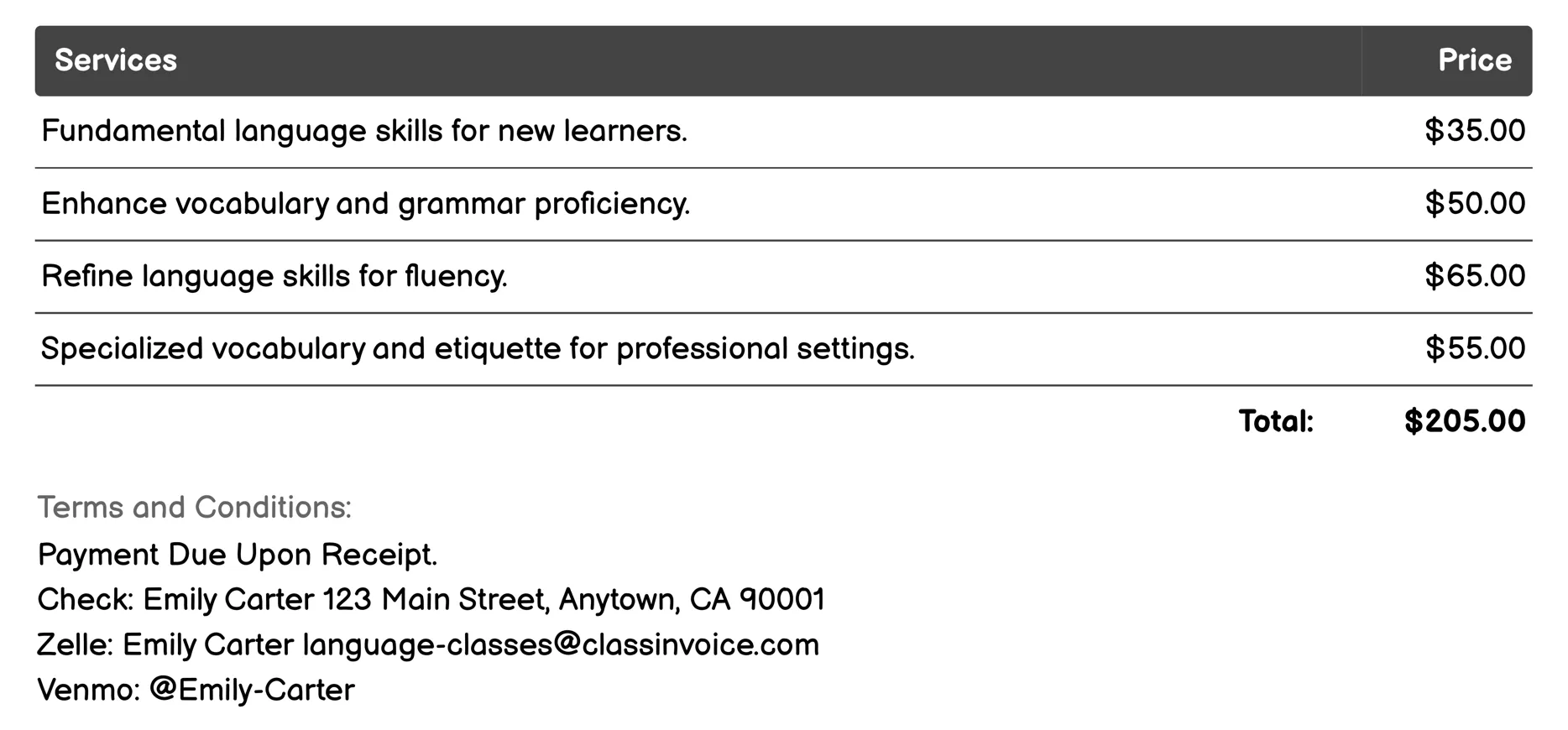 Private Tutoring Invoice Example