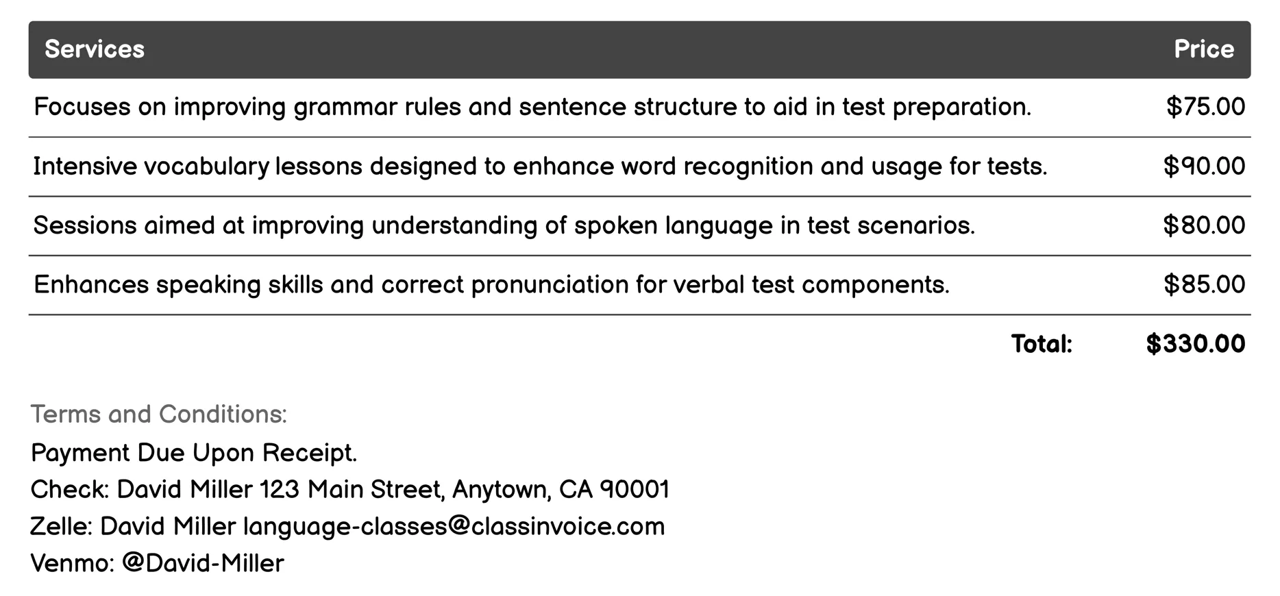 Test Preparation Courses Invoice Example