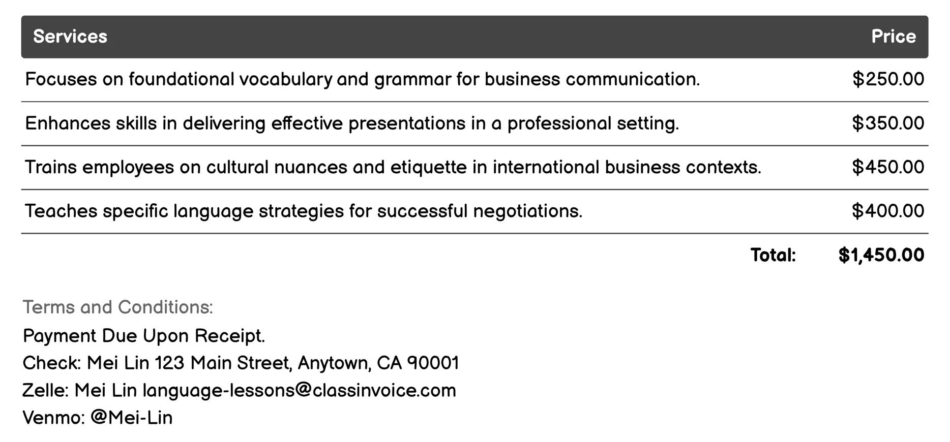 Corporate Language Training Invoice Example