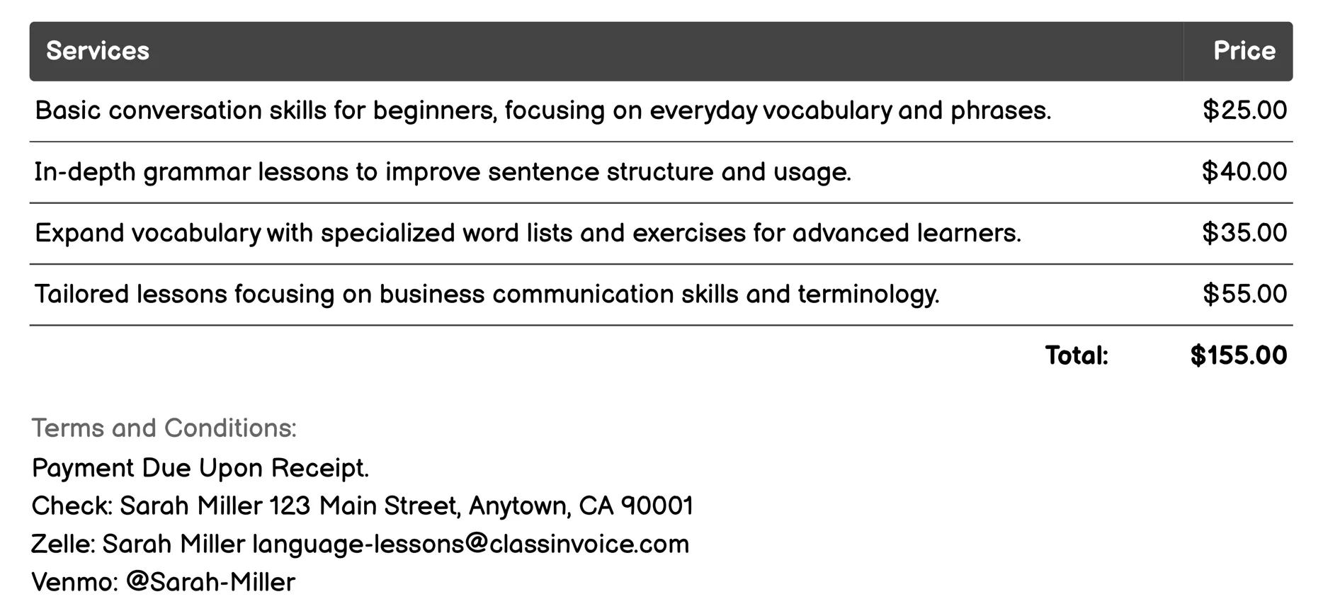 ESL (English as a Second Language) Invoice Example