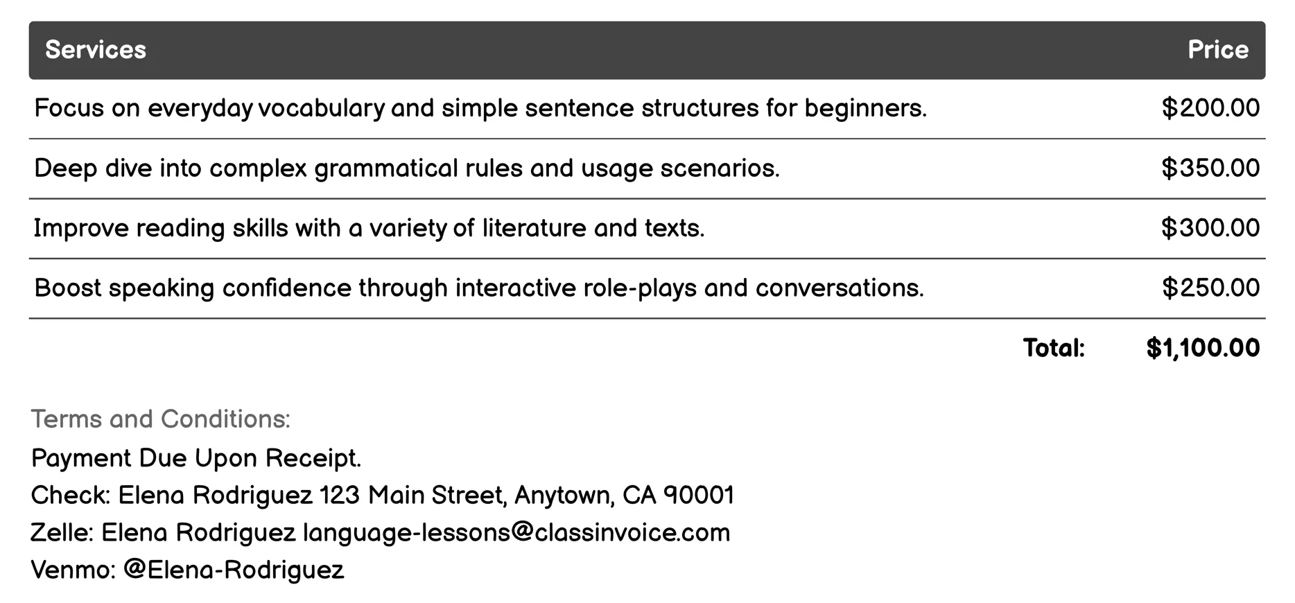 Language Immersion Experiences Invoice Example