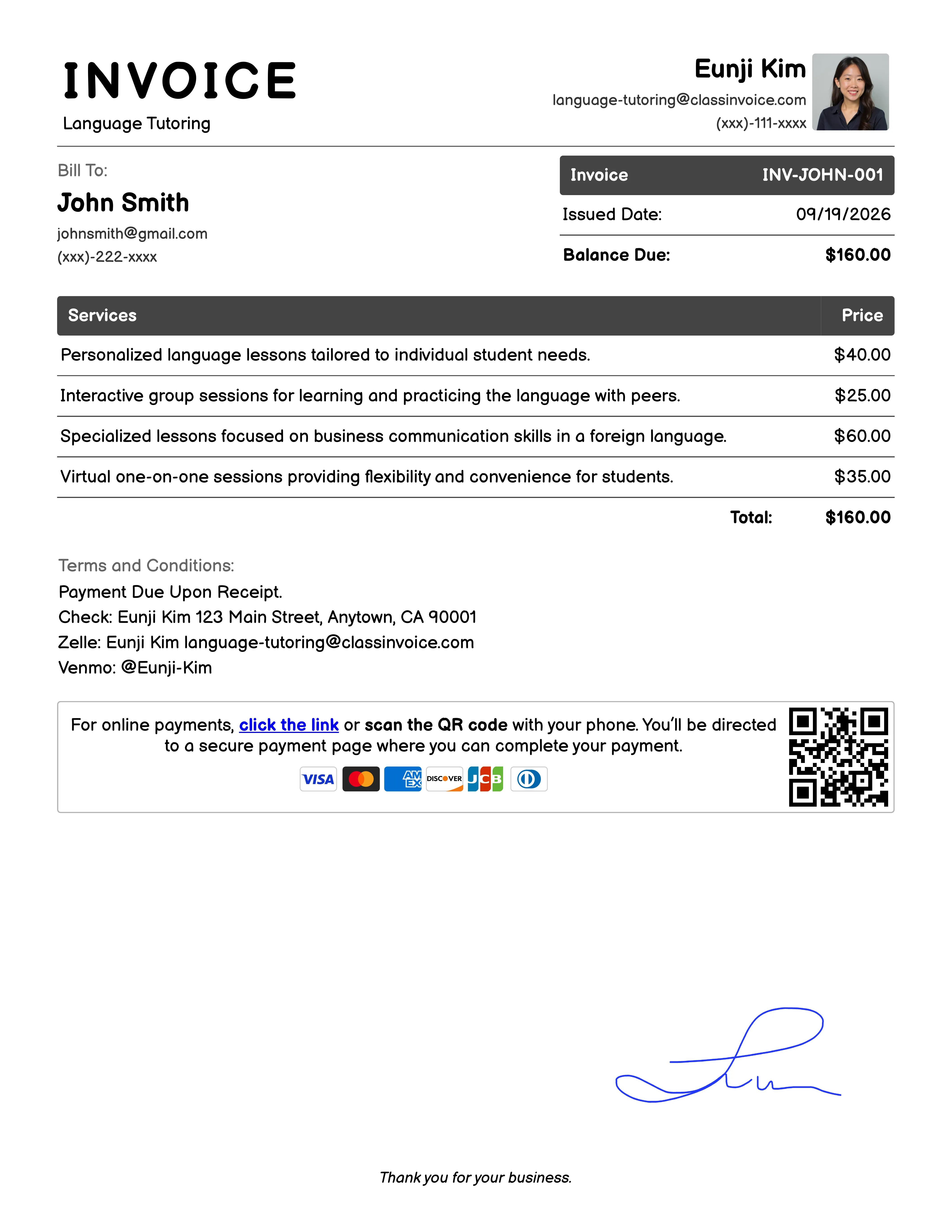 Language Tutoring Invoice Example