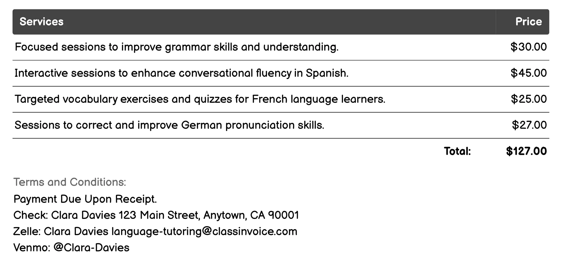 Youth Tutoring Invoice Example