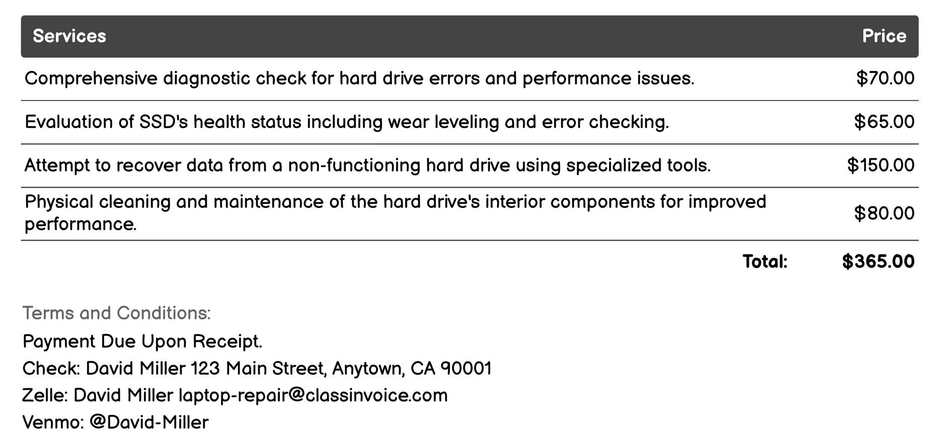 Hard Drive/SSD Repair or Replacement Invoice Example