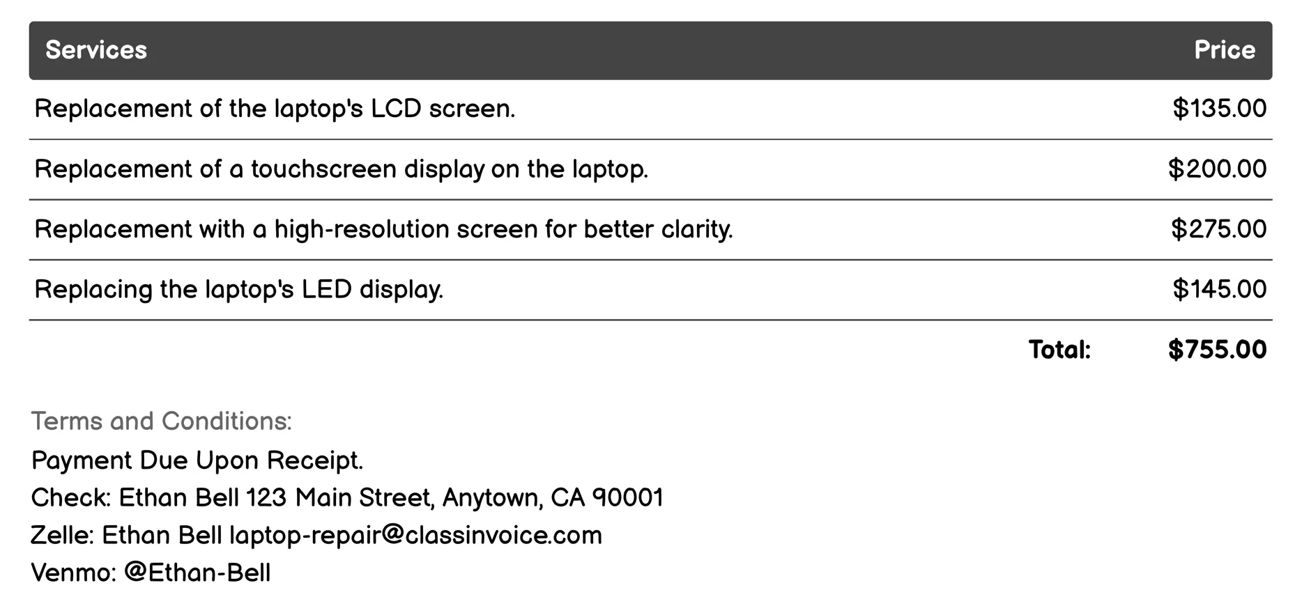 Screen Replacement Invoice Example