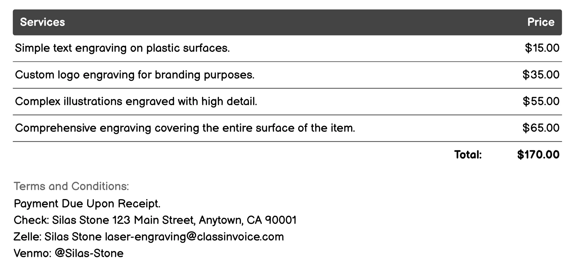 Plastic Engraving Invoice Example