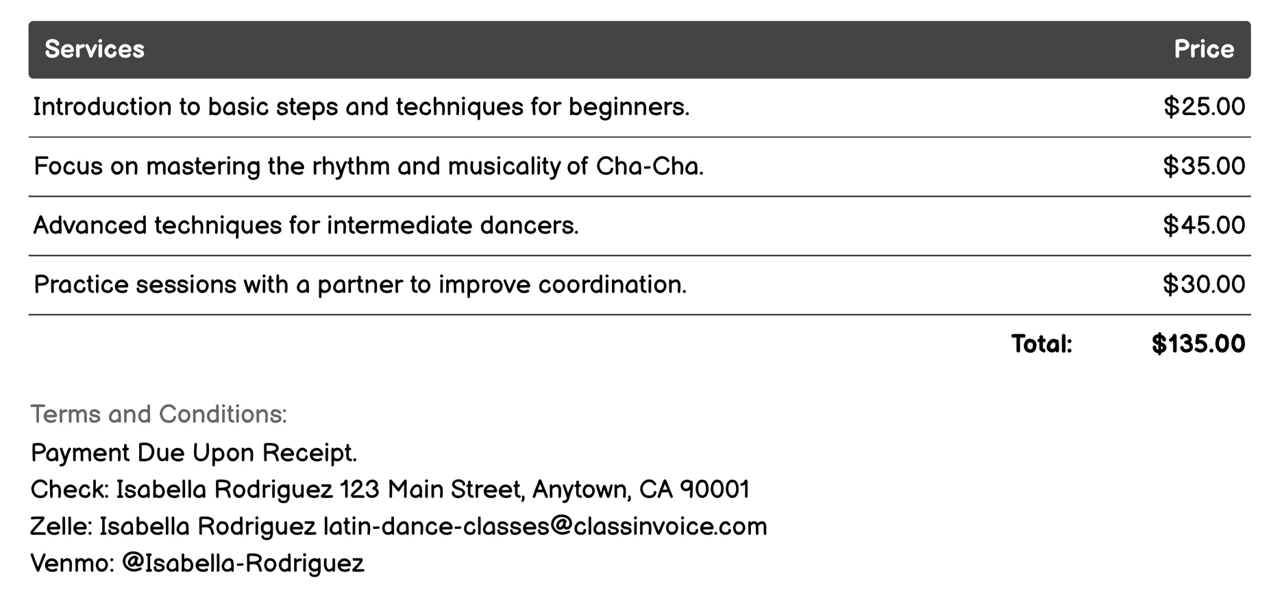 Cha-Cha Classes Invoice Example
