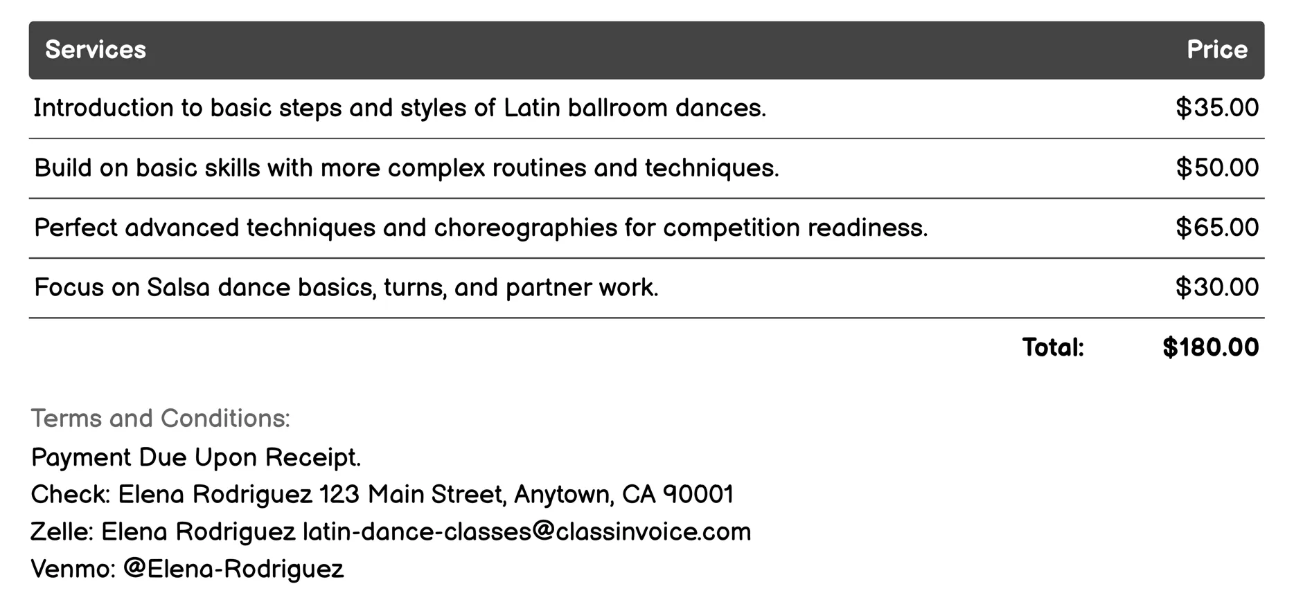 Latin Ballroom Classes Invoice Example