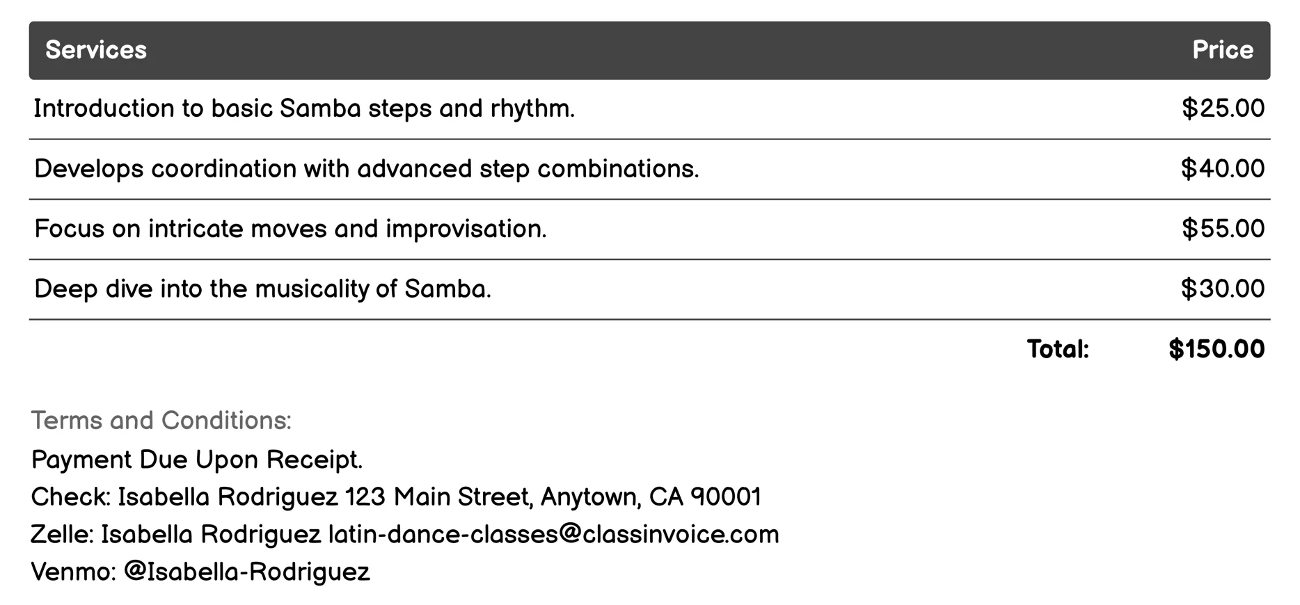 Samba Sessions Invoice Example
