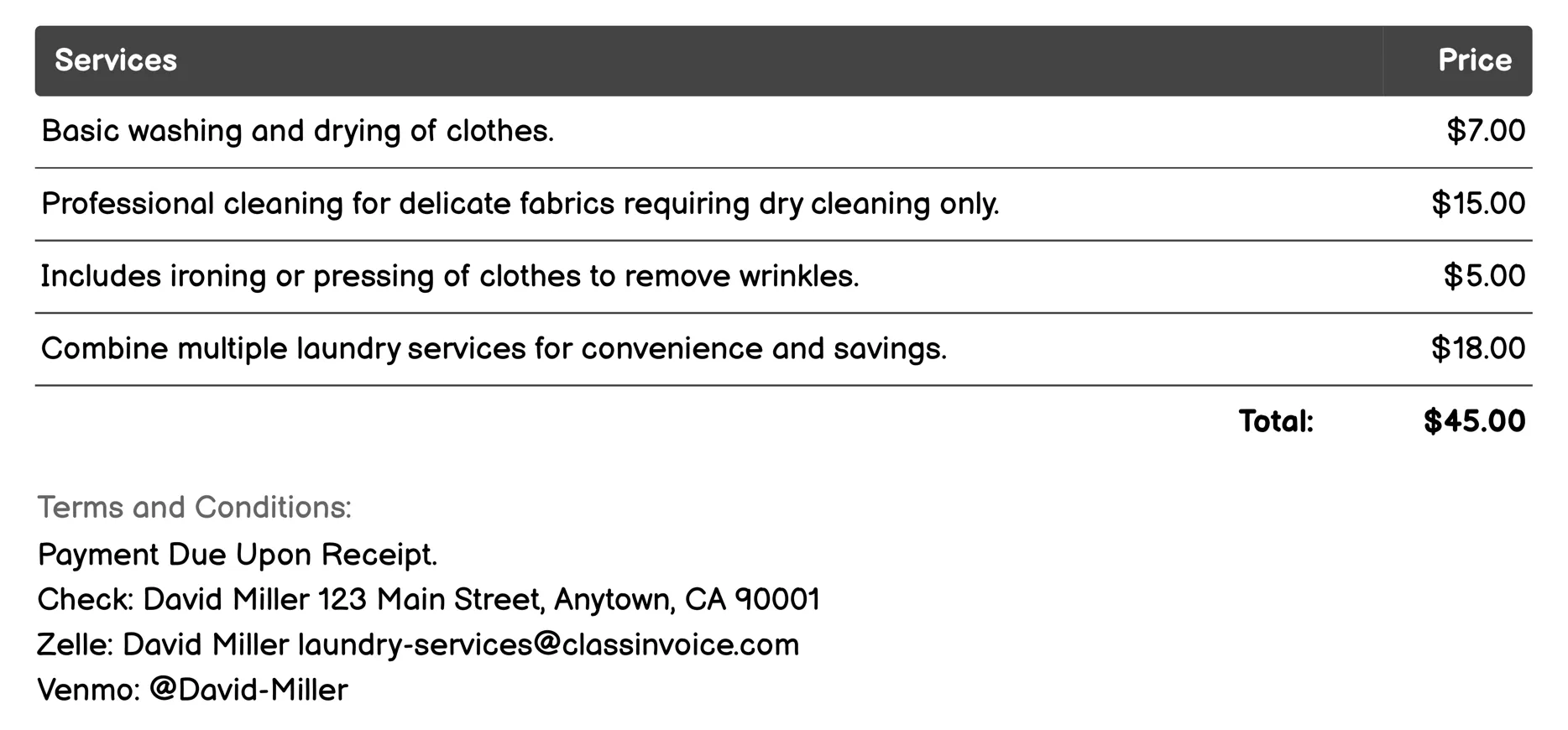 Laundry Bundling Services Invoice Example