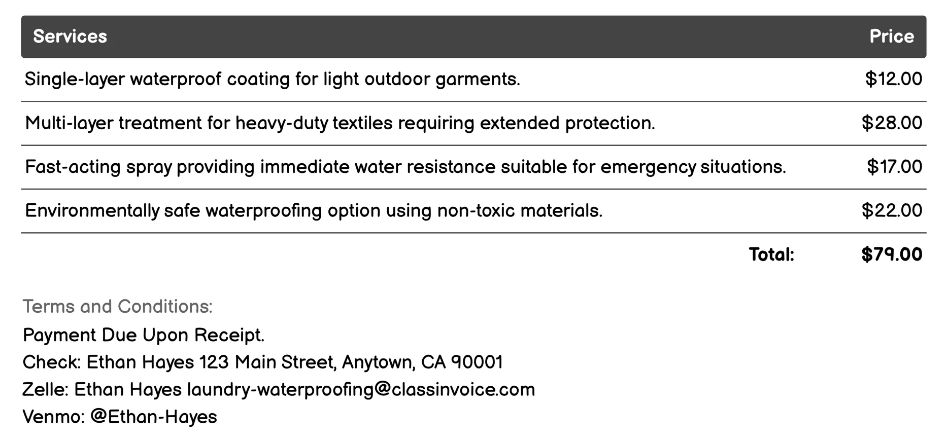 Textile Waterproofing Service Invoice Example
