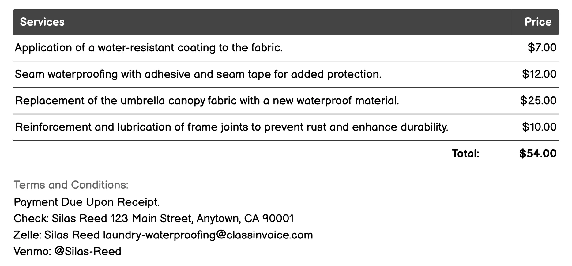 Umbrella Repair and Waterproofing Invoice Example