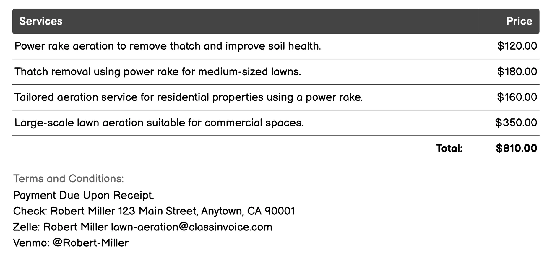 Power Rake Aeration Invoice Example