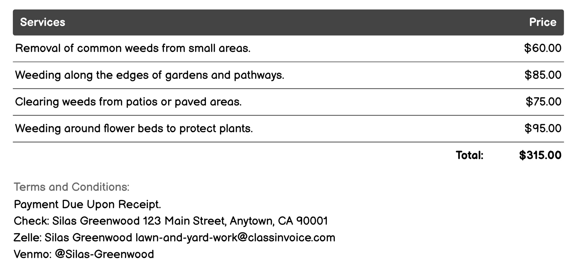 Weeding Invoice Example