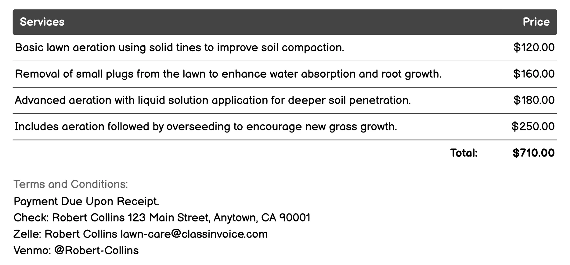 Aeration Invoice Example