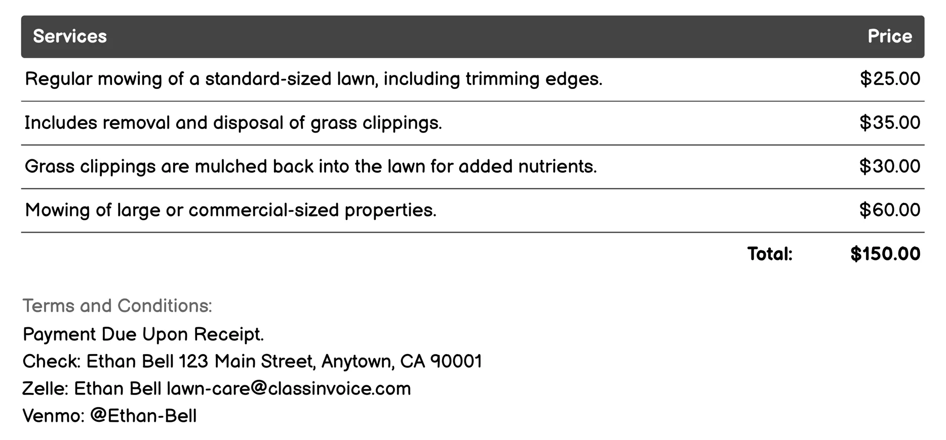 Mowing Invoice Example