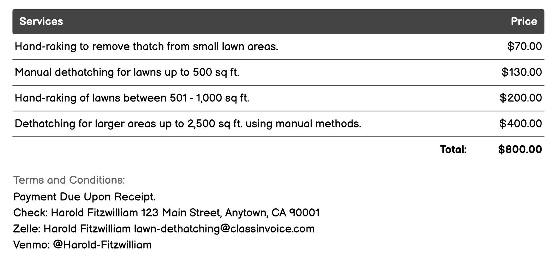 Manual Raking Invoice Example