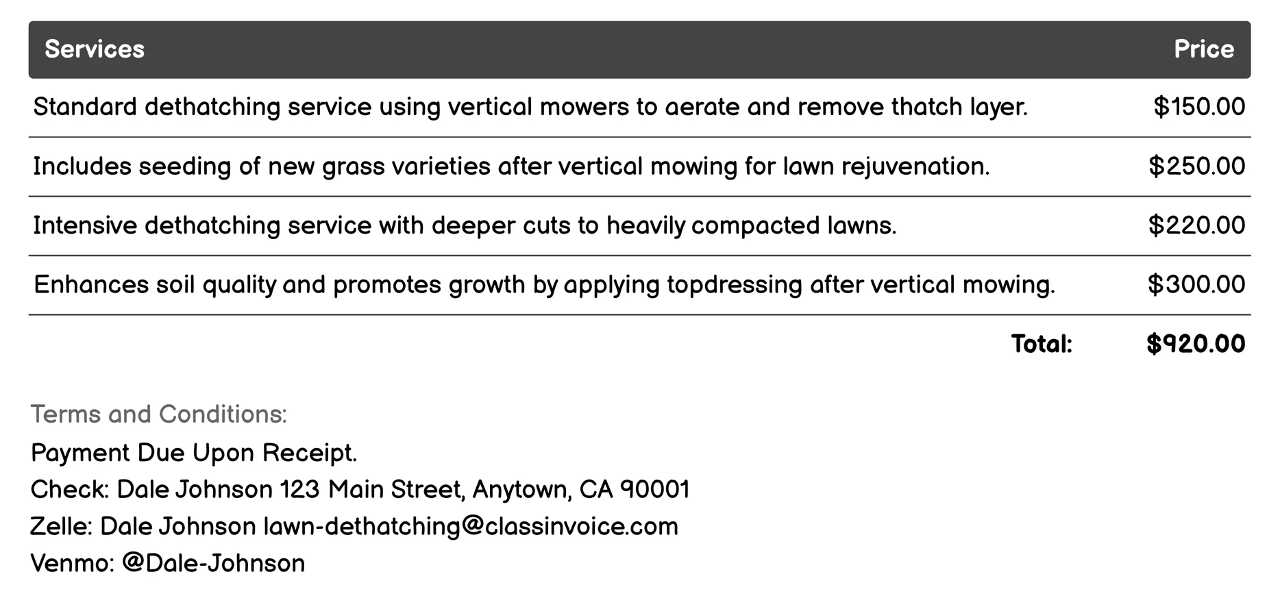Vertical Mowing Invoice Example