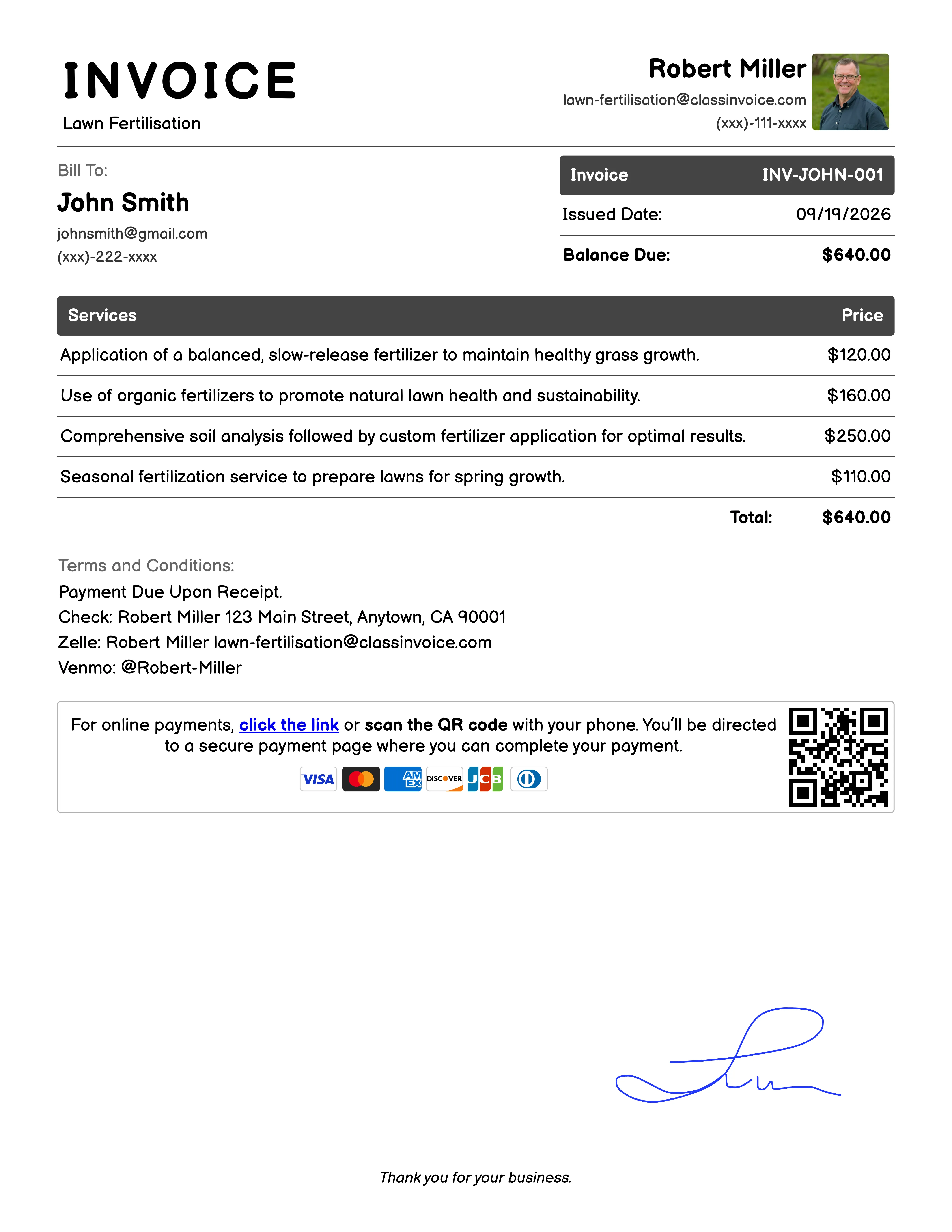 Lawn Fertilisation Invoice Example