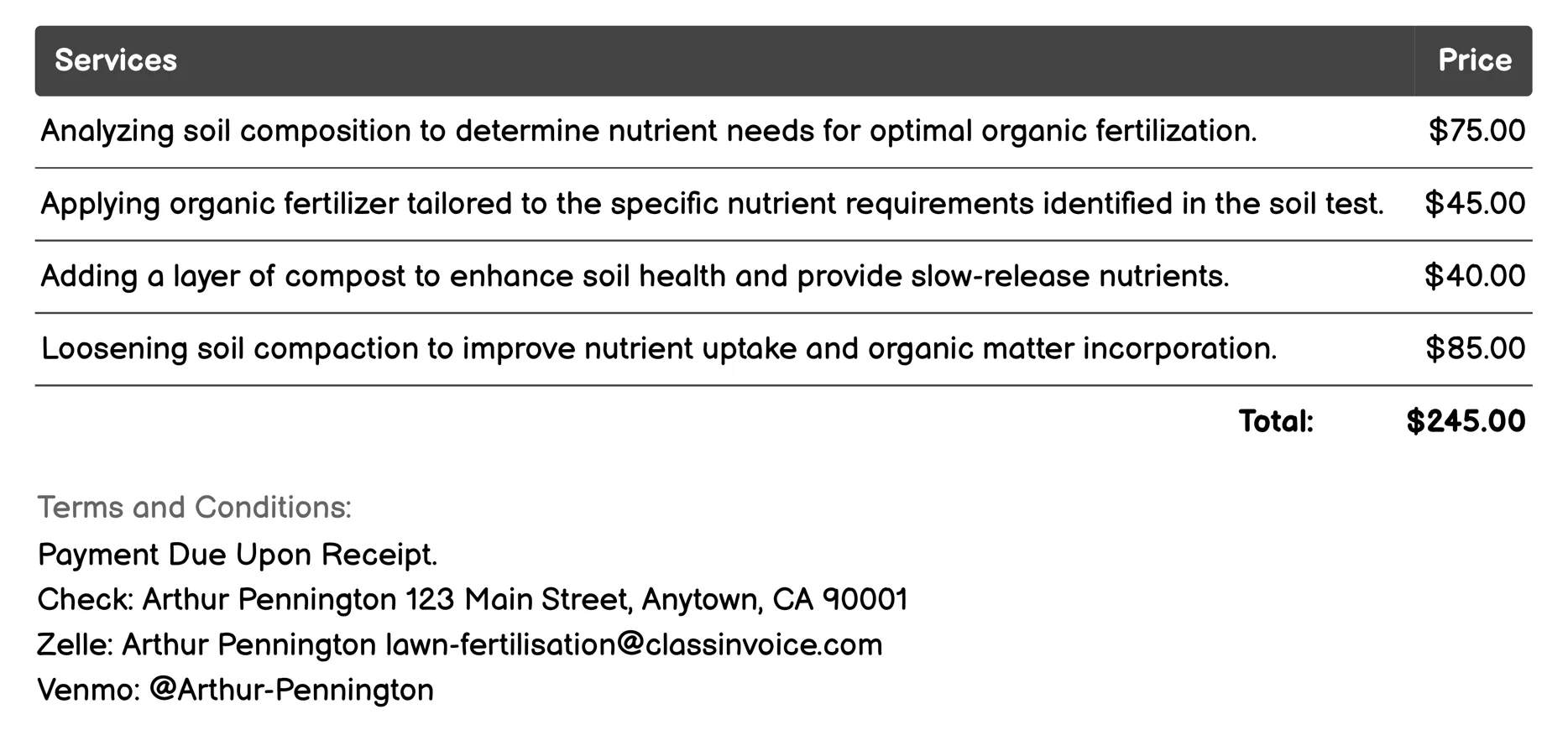 Organic Lawn Fertilization Invoice Example