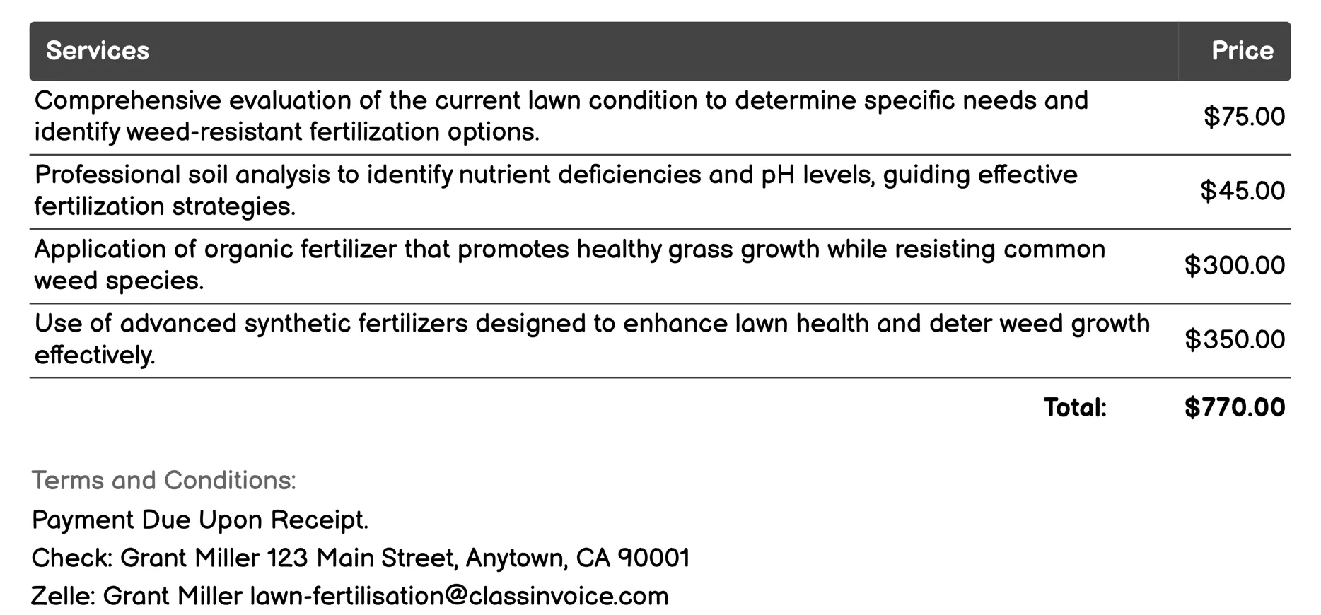 Weed-Resistant Lawn Fertilization Invoice Example