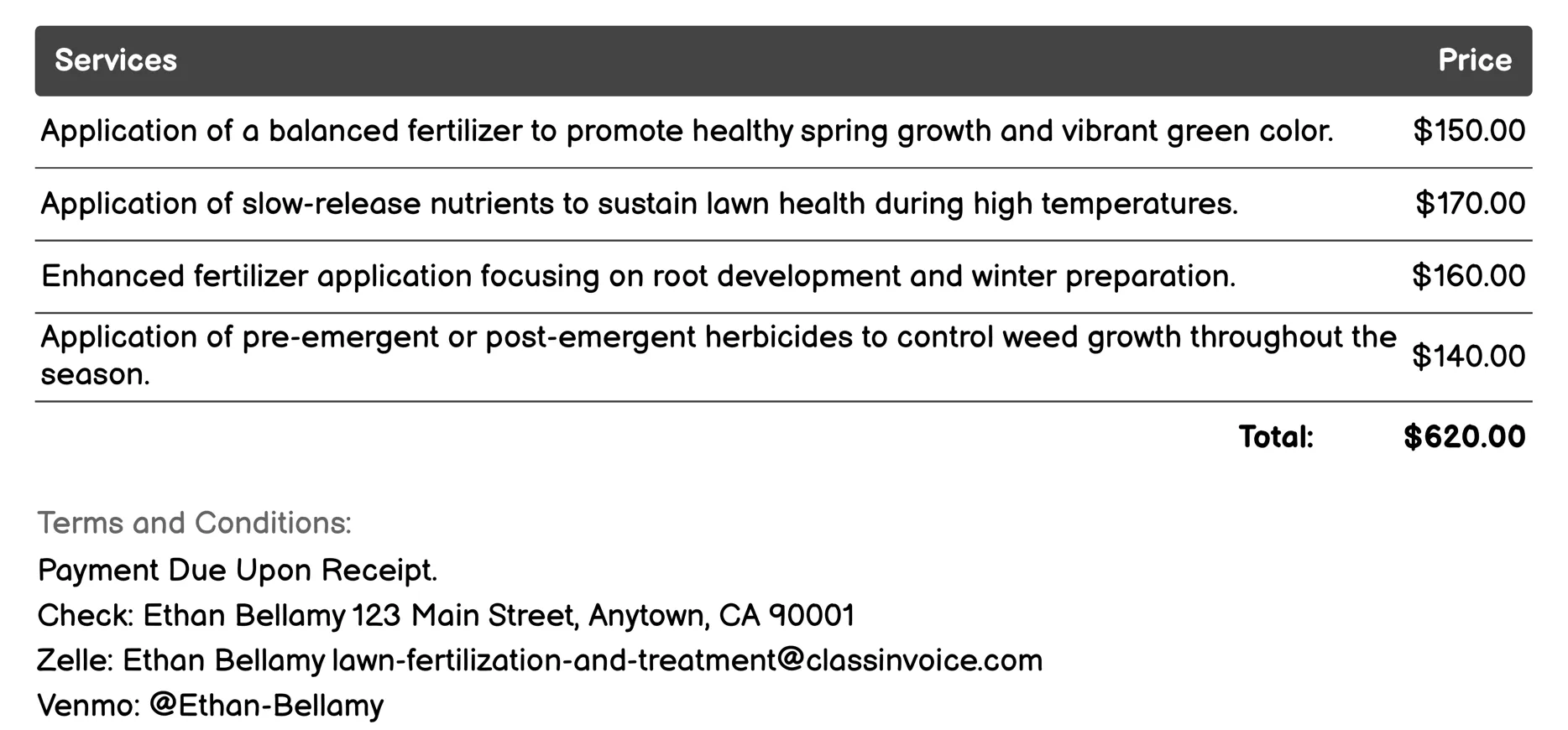 Seasonal Lawn Fertilization Invoice Example