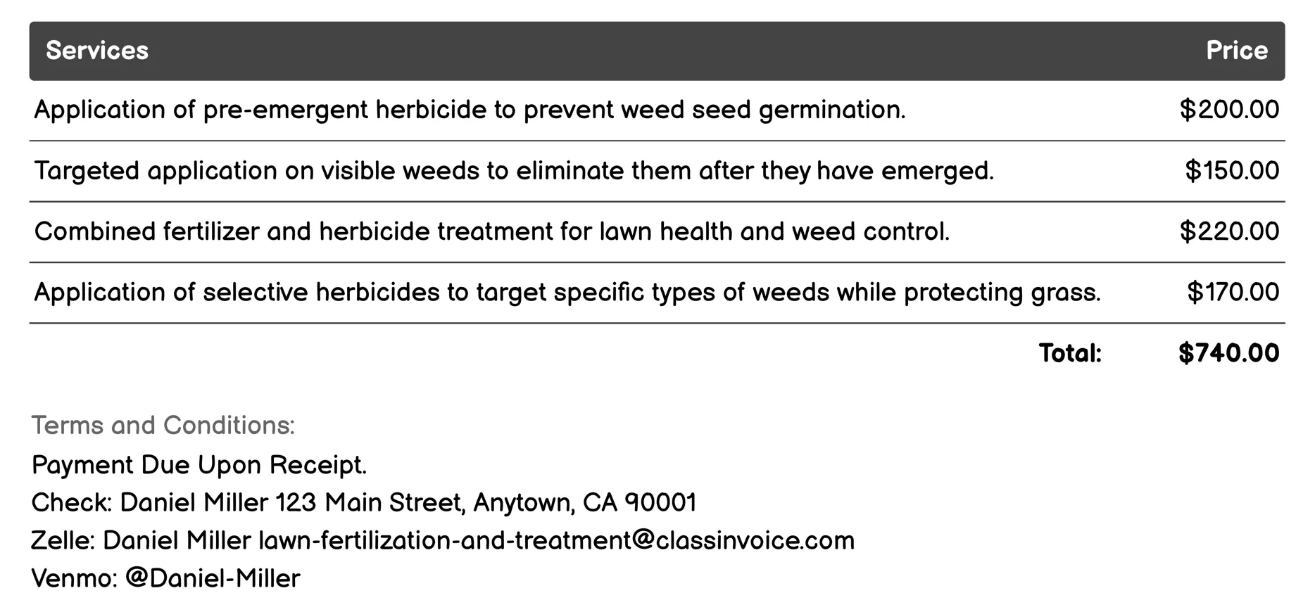 Weed Control Treatment Invoice Example