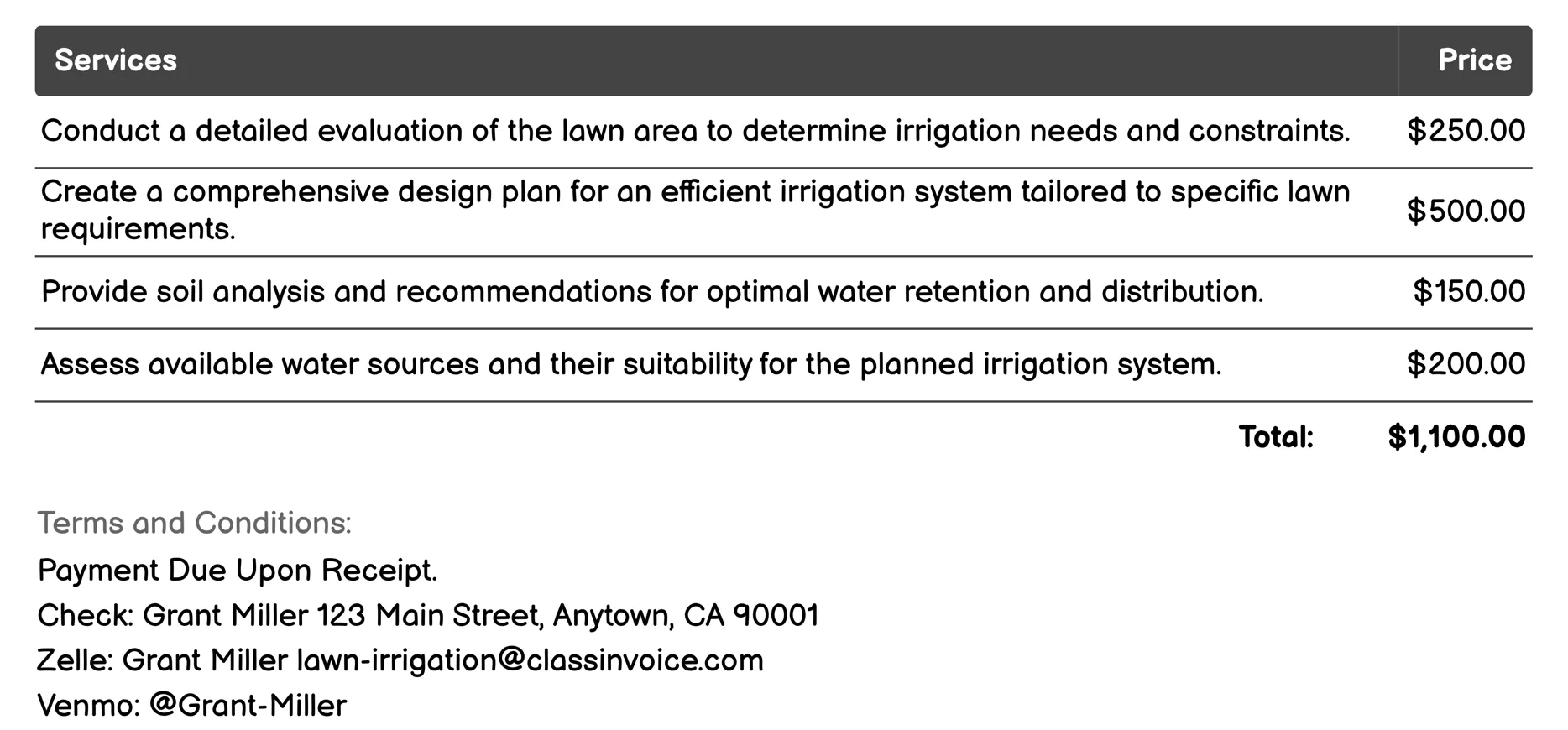 Irrigation System Design and Consultation Invoice Example
